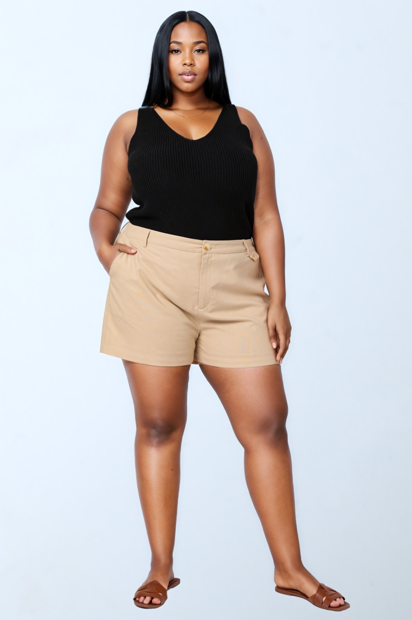 a woman in a black top and tan High Waist Linen Shorts