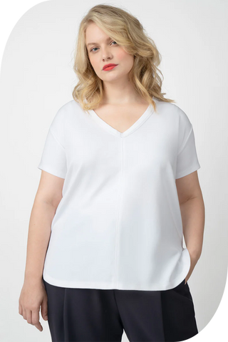 CoolROSE™ Luxe Knit Reversible T-Shirt in white, featuring a versatile v-neck design for chic comfort and patented cooling fabric.