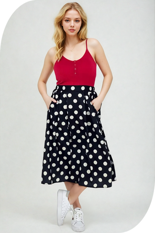 Polka Dot Pleated Midi Skirt