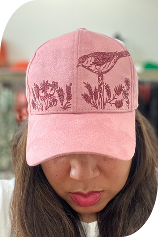 Bird + Floral Burn Art on Vegan Suede Ball Cap