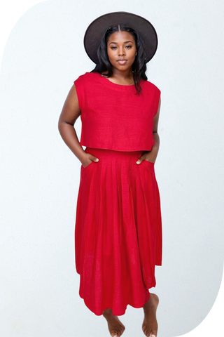 Airy Linen Top Red and Pleated Skirt