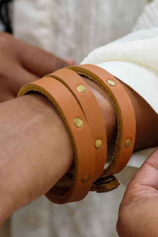 Tri Wrap Studded Leather Bracelet in Cognac