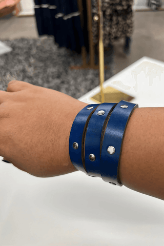 Tri Wrap Studded Leather Bracelet in Blue