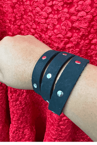 Tri Wrap Studded Leather Bracelet in Black